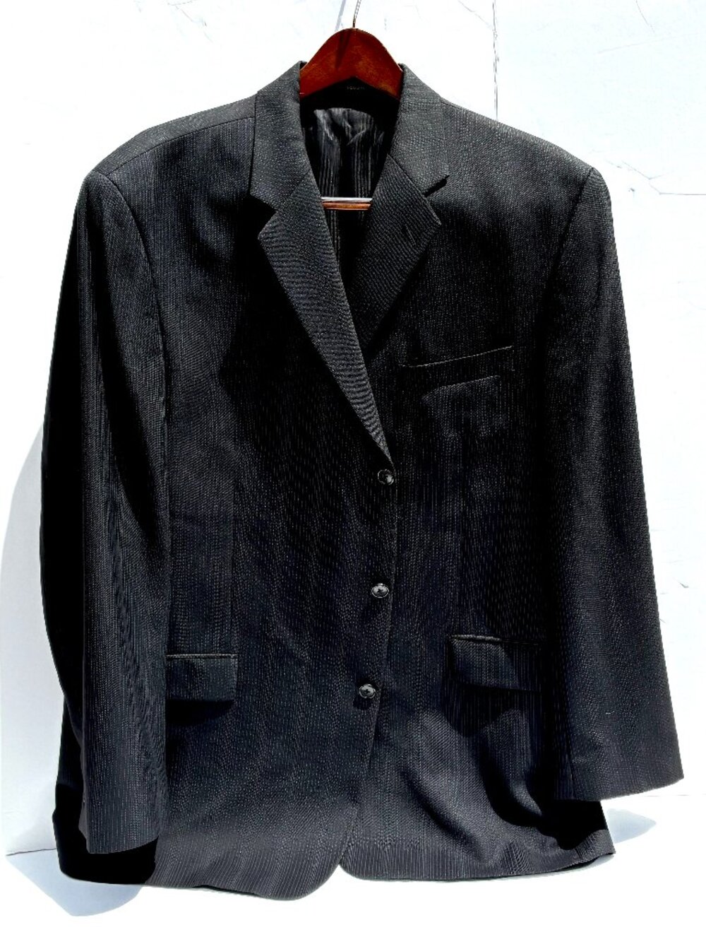 Men’s Calvin Klein 3-Button Suit Jacket, 100% Wool, Black w/Pinstripes 46R